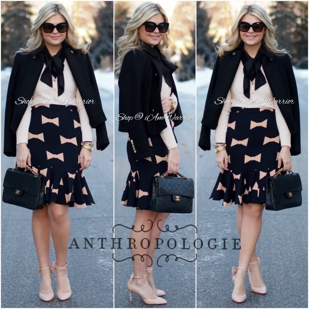 Anthropologie {Eva Franco} navy & blush pink bow tie print flounce skirt